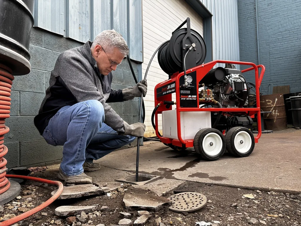 Technician crouched feeding a jetter hose down an open drain beside a cart jetter with its hose reel, hydro jetting
