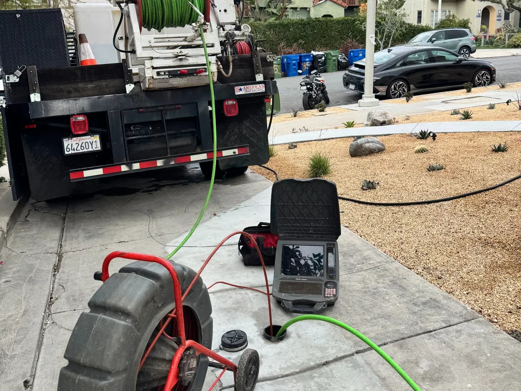 Truck mounted jetter with its hose reel parked at a house and the jetter hose run across the sidewalk to an open sewer cleanout, hydro jetting