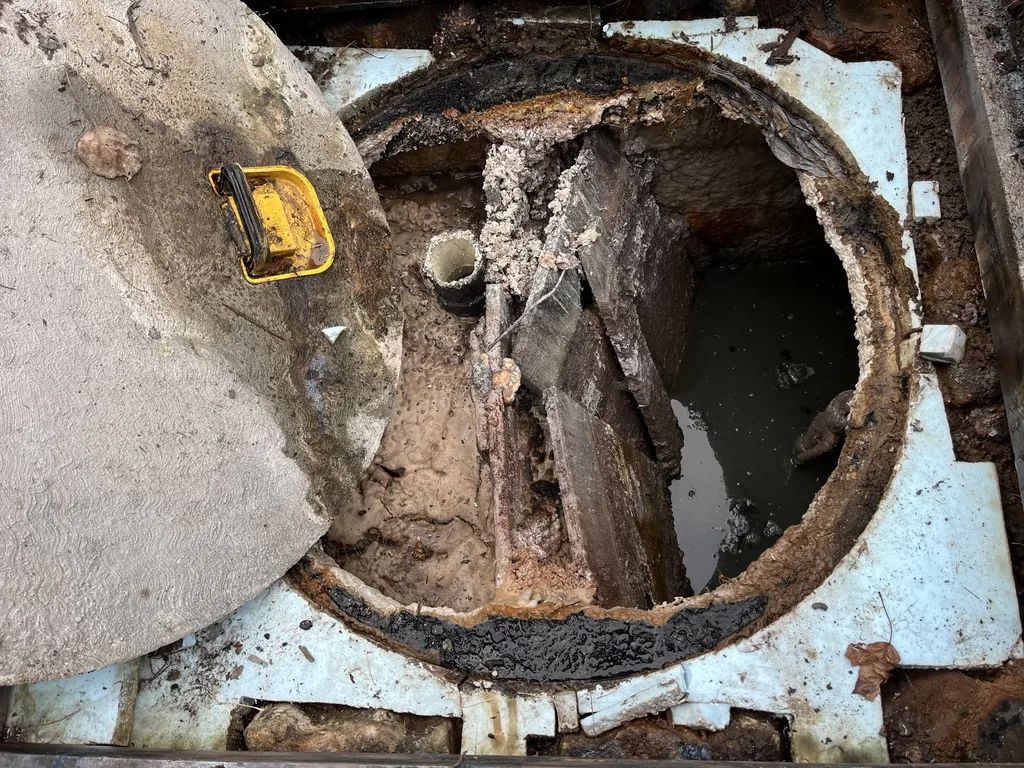 Open concrete septic tank with a broken and corroded baffle inside, septic tank repair